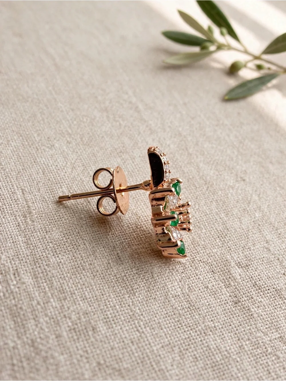 Rose Gold Floral Emerald & Clear Crystal Hoop Earrings